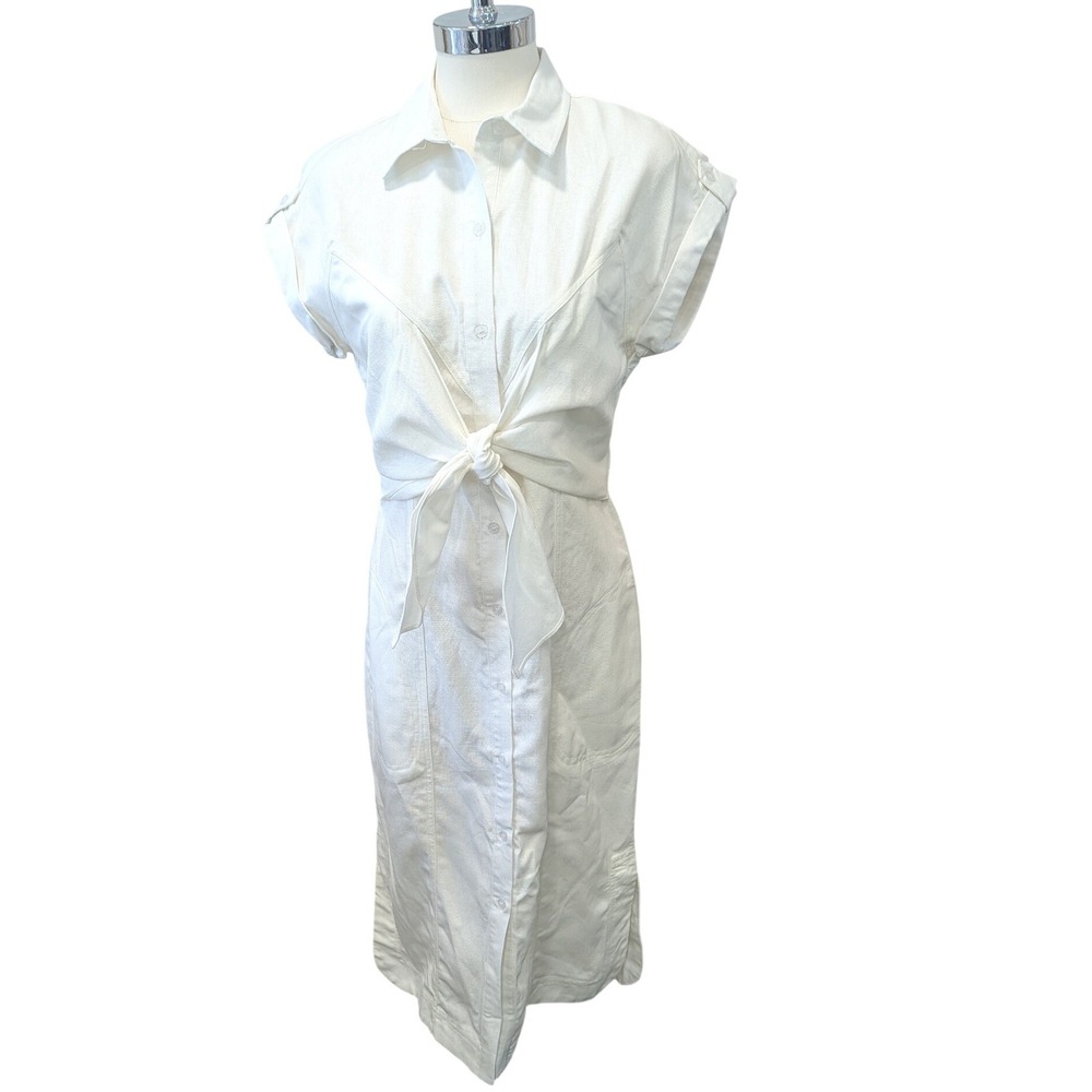 Rachel Parcell Womens White Tie Front Linen Blend Midi Button Down Dress S NEW‎